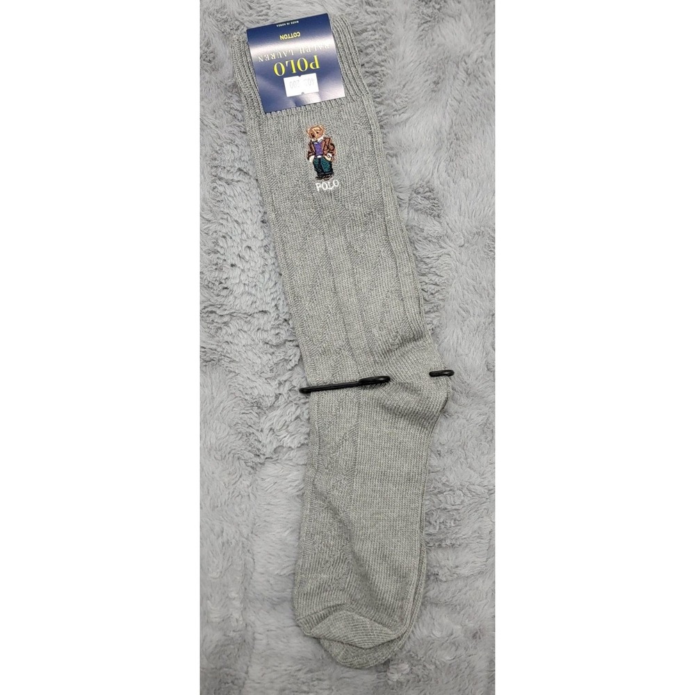 Polo Ralph Lauren Socks Mens 10-13 Gray Cable Knit Heritage Bear Mid Calf Cotton